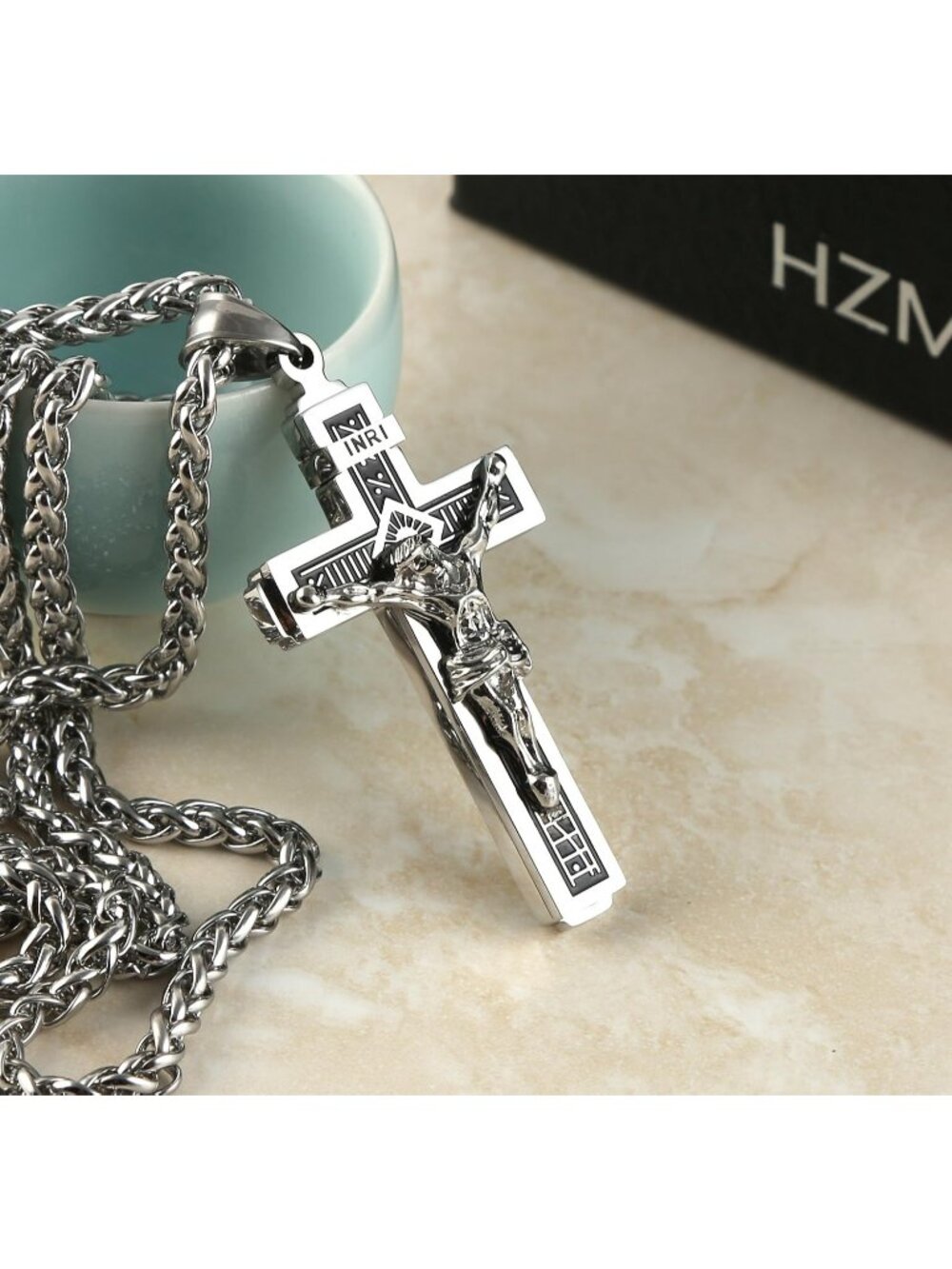 Men's Silver Stainless Steel Religious Catholic Christ Crucifix Cross Pendant - Picture 4 of 6